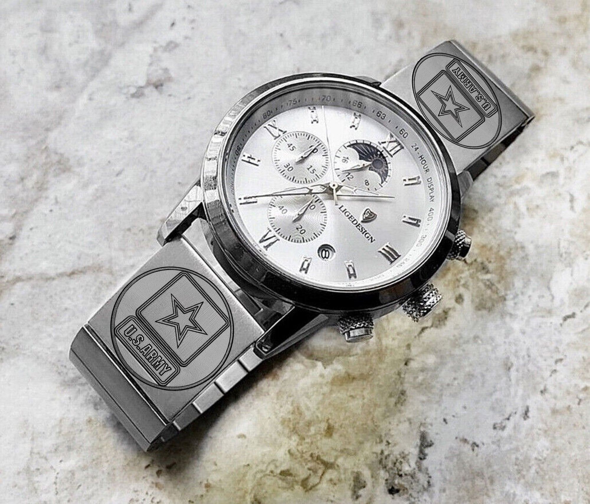 US Army Engraved Band for 22mm 24mm 25mm Lugs Traditional Casual Luxury and Smartwatches Silver Color Stainless Steel Bracelet Strap US1